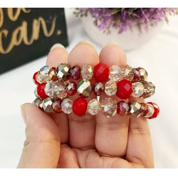 Red Silver Triple Layered Wrap Bracelet Fashion Jewelry - Picture 2 of 4